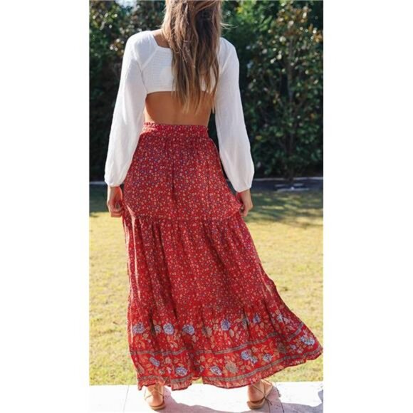 Womens 2024 Bohemian Floral Printed Elastic Waist A Line Maxi Skirt with Pockets - Picture 4 of 7